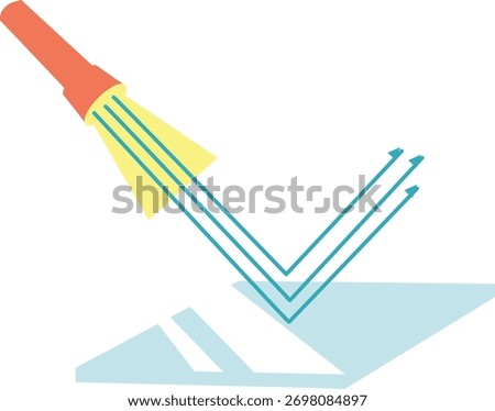Light ray reflecting off surface at equal angles, visually explaining law of reflection for physics lessons and optical device design principles.