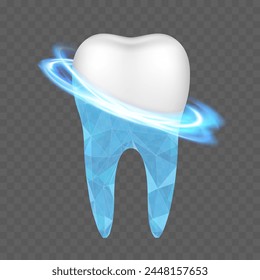 Rayos de luz alrededor del diente. Blanqueamiento dental y tratamiento dental. Aislado sobre un fondo transparente. Ilustración vectorial de acciones