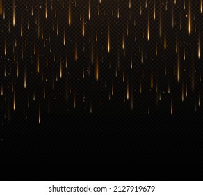 Light rays background. Falling lights or neon rays. Magical energy or cosmic motive. Realistic yellow comets falling from the sky.