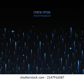 Light rays background. Falling lights or neon rays. Magical energy or cosmic motive. Meteor rain with falling glowing comets on black background.