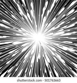 Light rays. Black and white radial lines background. Comic book, manga or anime speed graphic. Explosion vector illustration. Sun ray or star burst element