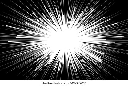 Light rays. Comic book black and white radial lines background. Rectangle fight stamp for card. Manga or anime speed graphic. Explosion vector illustration. Sun ray or star burst element