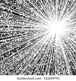 Light rays. Comic book black and white radial lines background. Rectangle fight stamp for card. Manga or anime speed graphic. Explosion vector illustration. Sun ray or star burst element