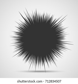 Light rays. Comic book black and white radial lines background. Rectangle fight stamp for card. Manga or anime speed graphic. Explosion vector illustration. Sun ray or star burst element