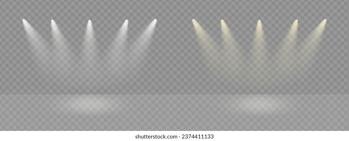 Light rays effect vector on transparant scene. Stage lamp on award ceremony flare the event. Spot beam shine and glow, illuminate concert studio