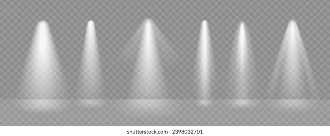 Light rays effect vector on transparant scene. Stage lamp on award ceremony flare the event. Spot beam shine and glow, illuminate concert studio