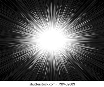 Light rays of an explosion with a radial zoom in a comic book style. Shine radiant manga background in black and white colors. The emission of luminous energy in the Big Bang. Vector illustration.