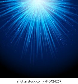 light rays falling from above with sparkling particles blue night abstract background. vector