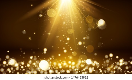 Light rays and golden falling glittering dust. Shiny spotlight or stage. Blurred lights bokeh. Vector illustration