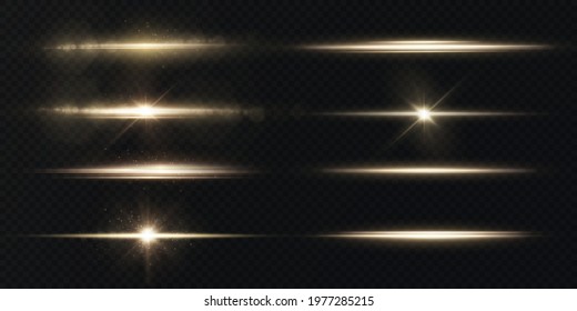 Light rays of light horizontal golden color with glare and flashes isolated on a transparent background. Collection effect light gold line png.