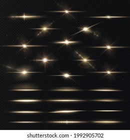 Light rays of light horizontal golden color with glare and flashes isolated on a transparent background. Festive set light laser abstract. Celebratory Gold-colored light star with glare.