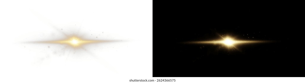 Light rays of light horizontal golden color with glare and flashes isolated on a transparent background. star gold png. Light sun gold png. Light flash gold png. Powder png.	