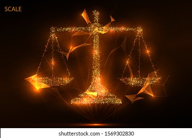 Light rays Libra. Hologram scales. Golden glitter scales. Scales of gold dust and particles. Low poly vector illustration of Libra.