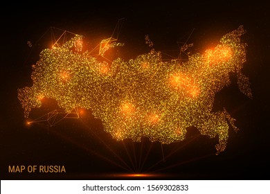 Light rays map of Russia. Hologram map of Russia. Golden glitter map of Russia. Map of Russia of gold dust and particles.