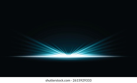 Light rays on black background. Abstract bright light flash effect design. Vector illustration