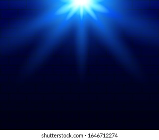 Light rays on a blue brick background. Vector stock illustration for poster