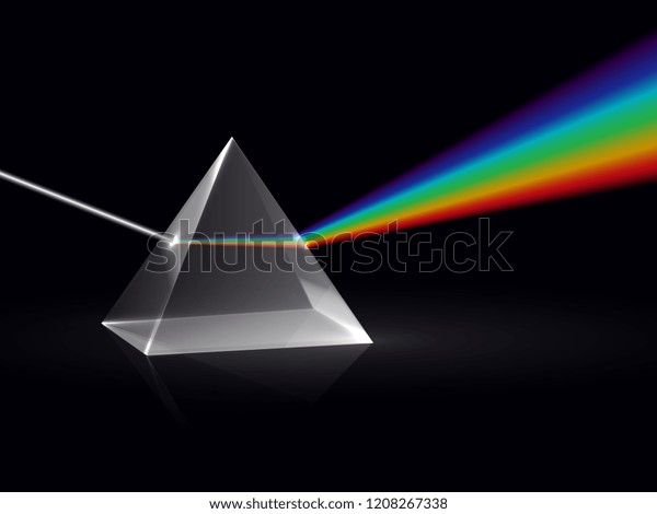 Light rays in\
prism. Ray rainbow spectrum dispersion optical effect in glass\
prism. Educational physics vector background. Illustration of prism\
spectrum light and rainbow\
refraction