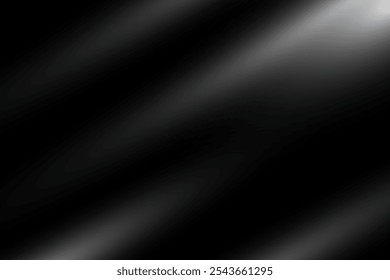 Light rays and shadows black background. Sun rays glares on gray wall. Abstract blurred dark shadows. Black silk cloth. Modern elegant vector backdrop for product display presentation.