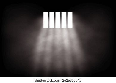 Light rays shining through prison bars in darkness with fog or smoke effect. Jail window background. Abstract vector illustration.