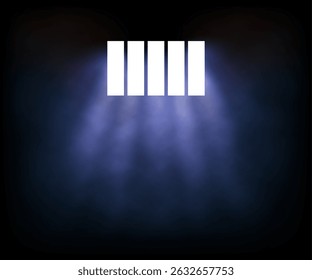 Light rays shining through prison bars in darkness with fog or smoke effect. Jail window background. Abstract vector illustration.