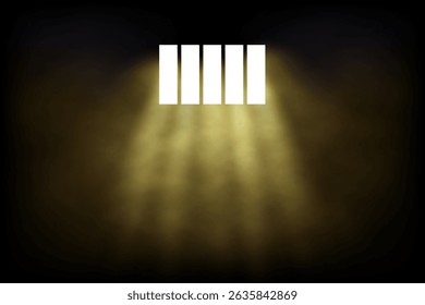 Light rays shining through prison bars in darkness with fog or smoke effect. Jail window background. Abstract vector illustration.