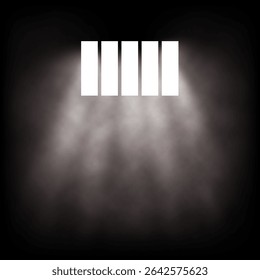 Light rays shining through prison bars in darkness with fog or smoke effect. Jail window background. Abstract vector illustration.