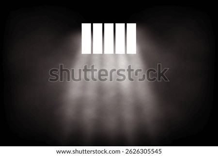 Light rays shining through prison bars in darkness with fog or smoke effect. Jail window background. Abstract vector illustration.
