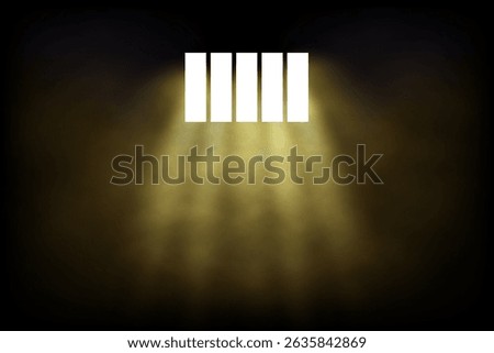Light rays shining through prison bars in darkness with fog or smoke effect. Jail window background. Abstract vector illustration.