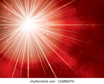 light rays with stars and snow on red background