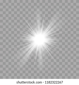 Light rays sun or star shine flash radiance effect. Vector bright explosion glow with sun glare on transparent bright background