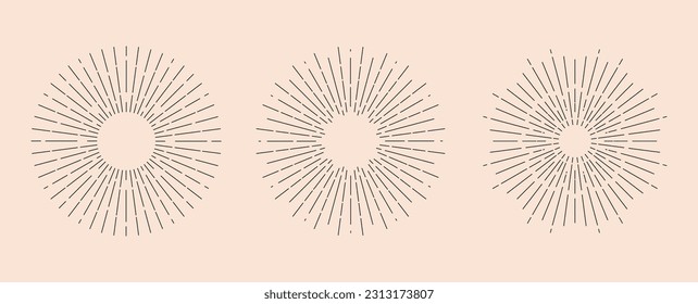 Light rays sunburst set. Linear round frames vintage hipster style, modern design elements. Vector minimal illustration