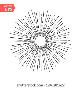 Raios luminosos, raios de sol e raios de sol. Elementos de design, desenho linear, estilo hipster vintage. Raios de luz sunburst, seta, fita Ilustração do vetor eps10