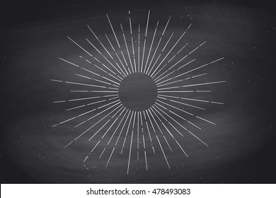 Light rays, sunburst and rays of sun on black chalkboard. Linear drawing. Vintage hipster style. Light rays sunburst for retro logo, emblem. Vector Illustration