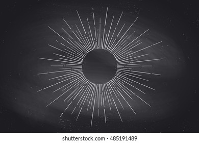 Light rays, sunburst and rays of sun on black chalkboard. Linear drawing. Vintage hipster style. Light rays sunburst for retro logo, emblem. Vector Illustration
