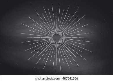 Light rays, sunburst and rays of sun on black chalkboard. Linear drawing. Vintage hipster style. Light rays sunburst for retro logo, emblem. Vector Illustration