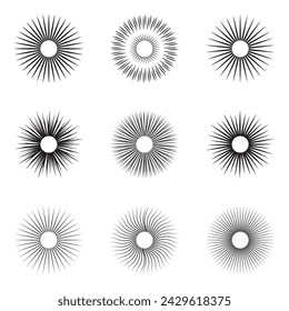 Light rays vector. circular beams vector. Sun rise light round decoration elements. Abstract sunburst icon. Sunburst design elements collection. Vintage sunburst collection set. 