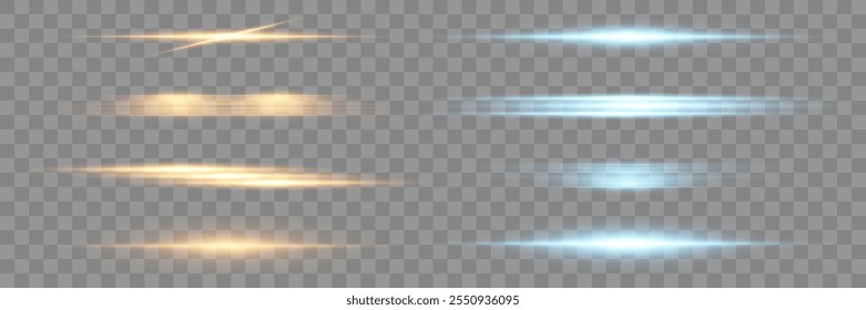 Light rays of yellow and blue colors. Package of horizontal highlights. Laser beams.Vector.