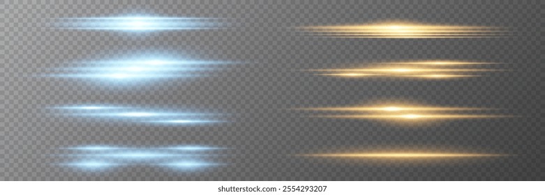 Light rays of light yellow and blue. Horizontal neon lines.Glare collection.Vector.