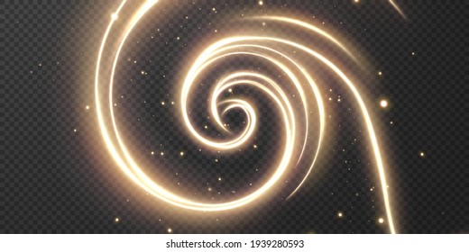 Light realistic curve. Magical sparkling golden glow effect. Abstract light line. Powerful energy flow of light energy. Twirl PNG