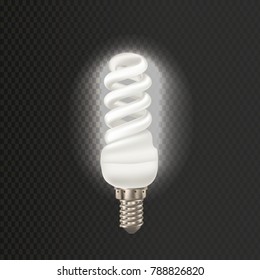 Light realistic luminescence fluorescent lamp, with different bandwidth. Economical, energy-saving light bulbs. Fluorescent lamp in aluminium body, elongated swirling shape. Vector illustration.