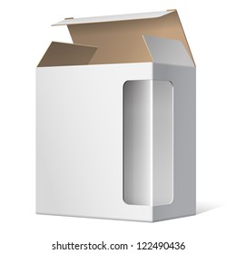 Light Realistic Open Package Cardboard Box with a transparent plastic window. Vector illustration