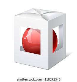 Light Realistic Package Cardboard Box with a transparent Windows and red ball inside. Christmas Toy. Vector illustration