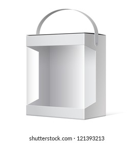 Light Realistic Package Cardboard Box with a handle and a transparent plastic window. Vector illustration