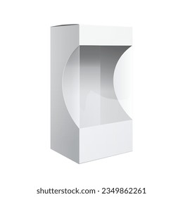 Light Realistic Package Cardboard Box with a transparent window. Front view. Template For Mockup Your Design. vector illustration.