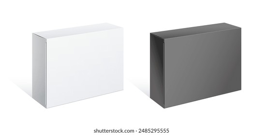 Light Realistic Package Cardboard Box. Black and White box pack. Front view. Template For Mockup Your Design. vector illustration.