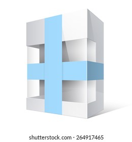 Light Realistic Package Cardboard Box with a transparent plastic window and blue ribbon 