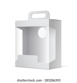 Light Realistic Package Cardboard Box With A Handle And A Transparent Plastic Window. Vector Illustration