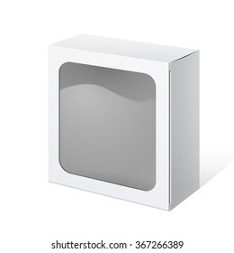 Light Realistic Package Cardboard Box square shape with a transparent plastic window. Vector illustration