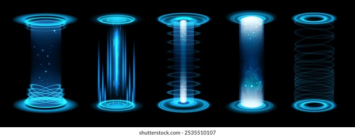 Portal leve e realista. Nível acima azul futurista neon brilho feixe de energia palco do jogo com vórtice, teleporte pódio. A HUD transporta energia com raios azuis. Conjunto isolado de vetores tecnológicos 3D.