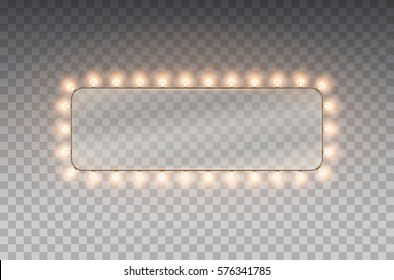 Light rectangle banner isolated on transparent background. Vector Hollywood bulbs frame or Las Vegas casino night sign. 